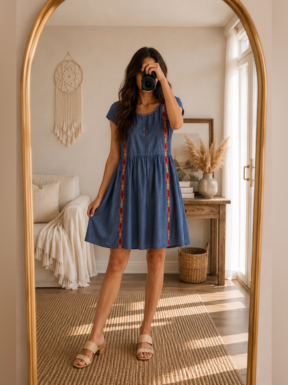 Savannah NWT Blue Denim Fit & Flare Boho Embroidered Cotton Dress